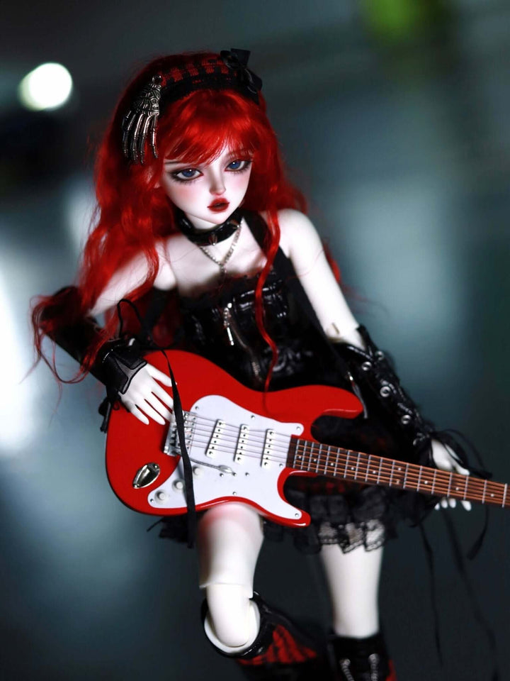 Full-body shot of KiKi BJD doll in complete outfit, with delicate hand-painted makeup