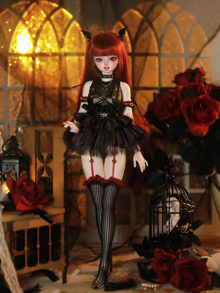 Mdoll School Lucia BJD doll, fully dressed with custom faceup, standing and posed for a photo