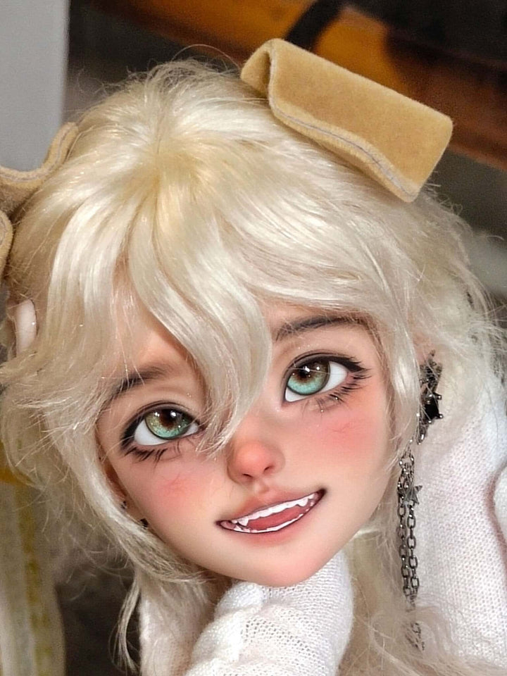 Close-up of Muhan’s Puppy BJD doll with complete outfit and hand-painted facial features